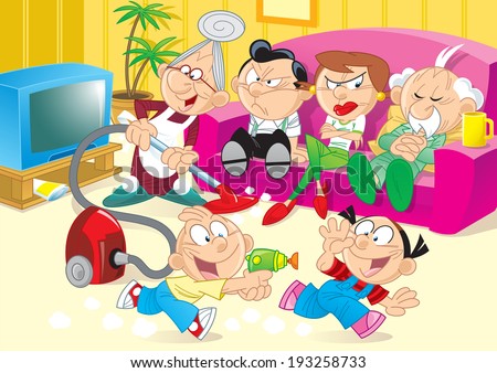 The illustration shows the recreation of the family with parents and children. The family is in the room where the children play, adults watching TV on the couch and relax.