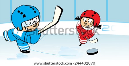 The illustration shows children, who play hockey on ice stadium. Illustration done in cartoon style, on separate layers.