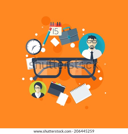 Flat background with papers and glasses icon.Teamwork concept. Global communication and working experience. Business, briefing organization. Money making and analyzing.