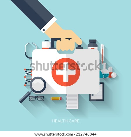 Flat health care and medical research background. Healthcare system concept. Medicine and chemical engineering.  First aid and diagnostic equipment.