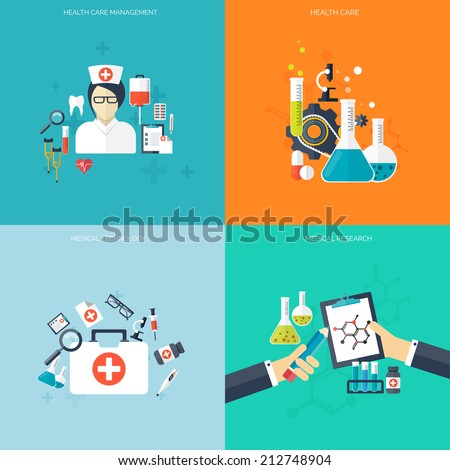 Flat health care and medical research background. Healthcare system concept. Medicine and chemical engineering. First aid and diagnostic equipment.