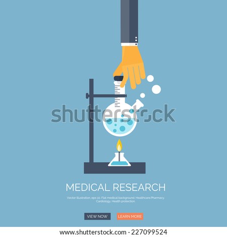 Vector illustration with hand and medical flask. Flat health care and medical research background. Chemical equipment.