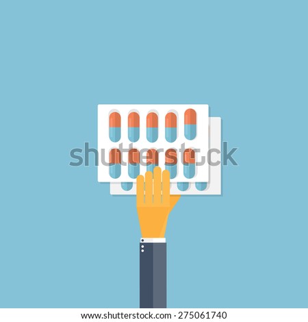 Flat background with hand and medical pills. First aid.
