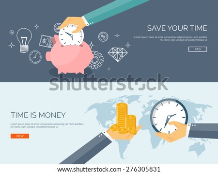 Vector illustration. Piggybank. Money saving. Times is money. Business and management.