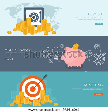Flat vector illustration backgrounds set. Money saving and money making. Web payments. World currency. Internet store, shopping. Pay per click. Business.