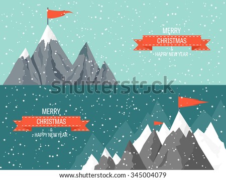 Vector illustration. Winter landscape. Mountaines with snow. Flat. Christmas, new year. Season.