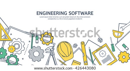 Engineering and architecture design.Flat outline style.Stroke,lines.Drawing,mechanical engineering.Building construction,trends in design or architecture.Engineering workplace.Industrial architecture.
