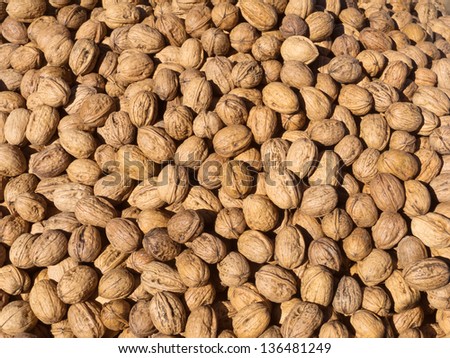 Background of shelled spanish walnuts, seen from directly above and in full frame. Macro shot.