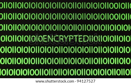 Green digital encrypted word on data screen