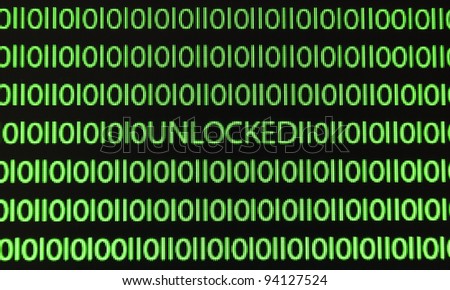 Green digital unlocked word on data screen