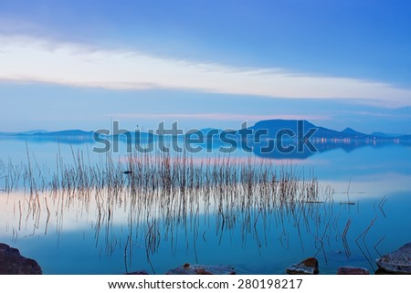 Lake Balaton and Badacsony mountain during the blue hour