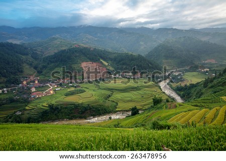 Farming village surrounded by mountains.
