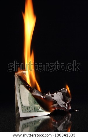 One hundred dollars in fire, burning dollar, ashes. Crisis