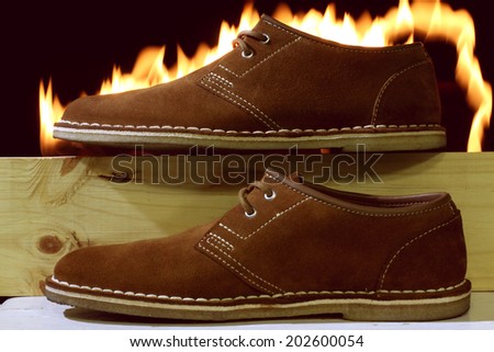 Brown leather shoes with burning background, hot sale