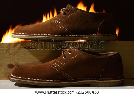 Brown leather shoes with burning background, hot sale