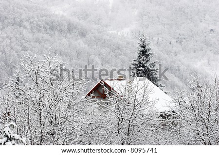 winter scene with house alone on mountain