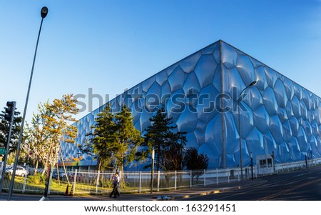 BEIJING - OCTOBER 13. Beijing Water Cube at sunset on Oct 13, 2013. It hosted Olympic swimming and diving events. Its capacity was 17.000m2 and is reduced to 6.000 after the Olympics.