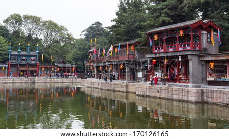 BEIJING, CHINA - OCT 12, 2013: Suzhou Market Street in Summer Palace, Beijing, China. Along the Back Lake, the street design imitates the ancient style of shops in Suzhou City.