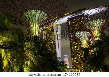 MARINA BAY, SINGAPORE - DEC 31, 2013: Super Trees at the Gardens by the Bay in Singapore. Gardens by the Bay was crowned World Building of the Year at the World Architecture Festival 2012