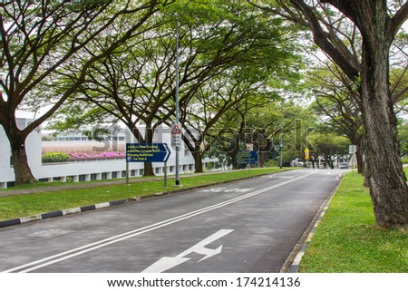 SINGAPORE - DEC 30, 2013: A scenic road in the Nanyang Technological University in Singapore. NTU is one of the two largest public universities in Singapore.