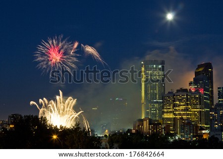 CALGARY, CANADA - JULY 1, 2012: Canada day fireworks in Calgary, Alberta. Canada Day is the national day of Canada, a federal statutory holiday celebrating the anniversary of the July 1, 1867.