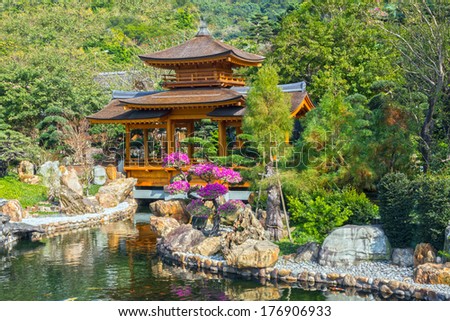 The oriental pavilion of absolute perfection in Nan Lian Garden, Chi Lin Nunnery, Hong Kong. Nan Lian Garden is a public garden in Hong Kong.