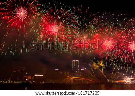 HONG KONG, CHINA - FEB 02, 2014: Lunar New Year Fireworks along Victoria Harbor in Hong Kong. This is an annual event in Chinese New Year.