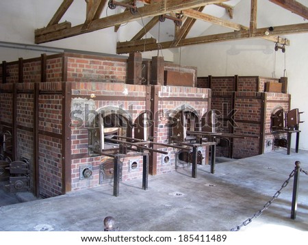 MUNICH, GERMANY - APR 10, 2009: An oven in the crematorium at the Dachau concentration camp in Germany. Dachau concentration camp was the first of the Nazi concentration camps opened in Germany