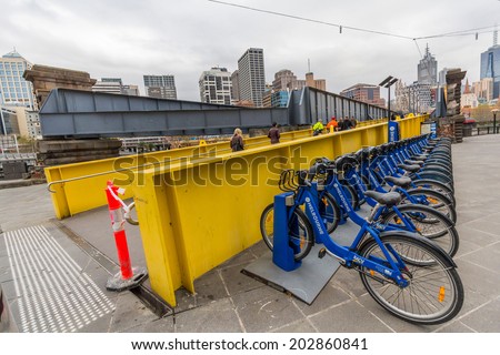 MELBOURNE, AUSTRALIA- JUNE 4, 2014:  Melbourne Bike Share.With 600 bicycles operating from 51 stations. Melbourne Bike Share is one of two such systems in Australia.