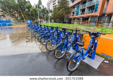 MELBOURNE, AUSTRALIA- JUNE 4, 2014: Melbourne Bike Share.With 600 bicycles operating from 51 stations. Melbourne Bike Share is one of two such systems in Australia.
