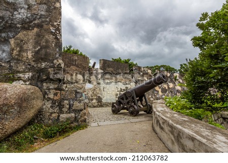 Cannon guarding the battlements of ancient Monte Fort in Macau, China