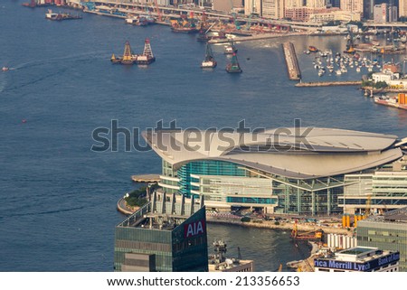 HONG KONG - AUG 21, 2014: The Hong Kong Convention and Exhibition Centre is one of the two major convention and exhibition venues in Hong Kong, along with AsiaWorld-Expo.