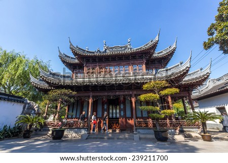 SHANGHAI, CHINA - OCT 24, 2014: An old Chinese building in Yuyuan Garden in Shanghai, China. It located beside the City God Temple in the northeast of the Old City of Shanghai, China.