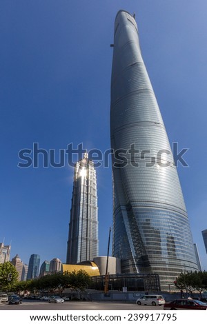 SHANGHAI, CHINA - OCT 24, 2014: Shanghai Tower and Jin Mao Tower in Shanghai, China. These are the tallest and 3rd tallest buildings in Shanghai.