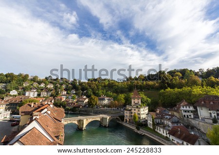 BERN, SWITZERLAND - OCT 24, 2014: View of the old town of Bern, capital of Switzerland. It is the fourth most populous city in Switzerland.