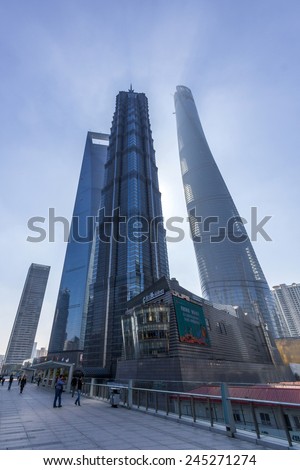 SHANGHAI, CHINA - OCT 24, 2014: Shanghai Tower, World Financial Center and Jin Mao Tower in Shanghai, China. These are the tallest buildings in Shanghai.