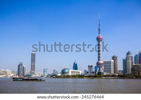 SHANGHAI, CHINA - OCT 24, 2014: Shanghai Skyline. Shanghai is the largest Chinese city by population and the largest city proper by population in the world.