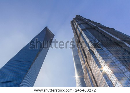 SHANGHAI, CHINA - OCT 24, 2014: World Financial Center and Jin Mao Tower in Shanghai, China. These are the 2nd and 3rd tallest buildings in Shanghai.