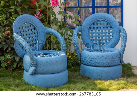 HONG KONG - MAR 20, 2014: Garden chairs made from recycled materials displayed in the Hong Kong Flower Show. It is a major event organized to promote horticulture and the awareness of greening.