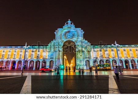 LISBON, PORTUGAL - MAY 27, 2015: Lisboa City of the Sea is a multimedia spectacle in Praca de Comercio Lisbon, Portugal.
