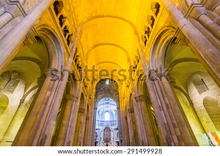LISBON, PORTUGAL - MAY 24, 2015: Inside view of Lisbon Cathedral, which is a Roman Catholic Cathedral located in Lisbon, Portugal. It is a mix of different architectural styles.