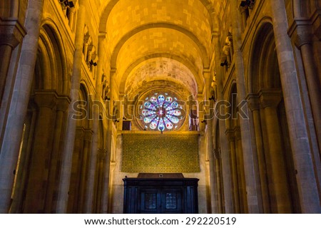 LISBON, PORTUGAL - MAY 26, 2015: Inside view of Lisbon Cathedral which is a Roman Catholic Cathedral located in Lisbon Portugal. It is a mix of different architectural styles.
