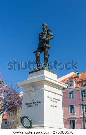 LISBON, PORTUGAL - MAY 26, 2015: A famous statue in Duque da Terceira Square. It is located in central Lisbon near the Cais do Sodre train station in Lisbon, Portugal.