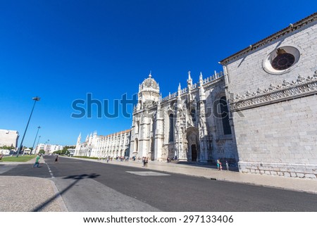 LISBON, PORTUGAL - MAY 26, 2015: Monastery dos Jeronimos. It is a monastery of the Order of Saint Jerome located near the shore of the parish of Belem in Lisbon, Portugal.