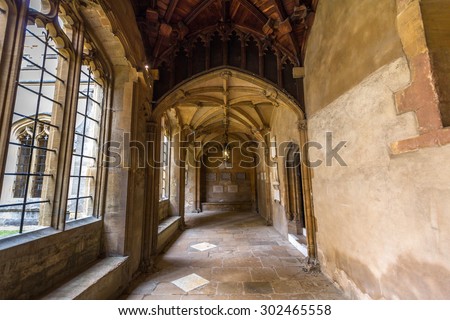 OXFORD, UK - JULY 19, 2015: Old corridors of Christ Church, University of Oxford, England. It is part of the original Priory of St Frideswide which stood before the college was built.