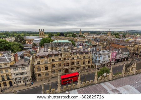 OXFORD, UK - JULY 19, 2015: View of Oriel College of University of Oxford and High Street from the tower of University Church of St Mary the Virgin, Oxford, England.