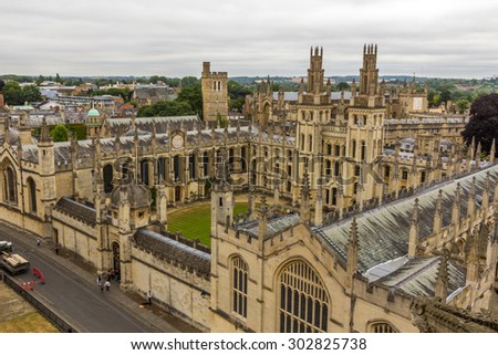 OXFORD, UK - JULY 19, 2015: View of All Souls College, New College, and Hertford College of University of Oxford from the tower of University Church of St Mary the Virgin, Oxford, England.