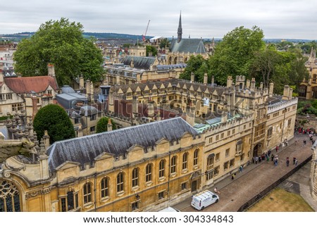 OXFORD, UK - JULY 20, 2015: View of Exeter, Lincoln, and Brasenose Colleges in the University of Oxford from the tower of University Church of St Mary the Virgin, Oxford, England.