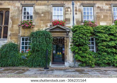 CAMBRIDGE, UK - JULY 24, 2015: Corpus Christi College hall facing its old court. It is a constituent college of the University of Cambridge in Cambridge, England.