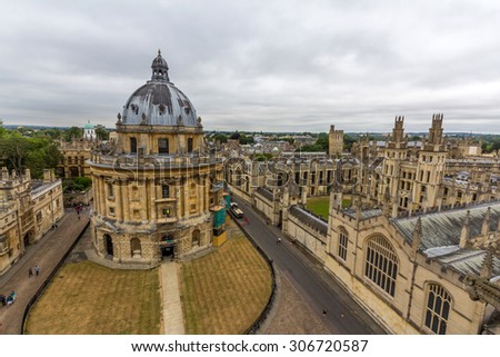OXFORD, UK - MAY 19, 2015: View of the Radcliffe Camera building, All Souls College, New College, and Hertford College of University of Oxford from the tower of University Church, Oxford, England.